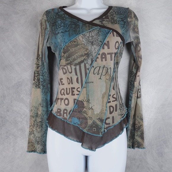 Tops - Women’s Mixed Print Asymmetric Long-Sleeve Blouse - Teal & Taupe